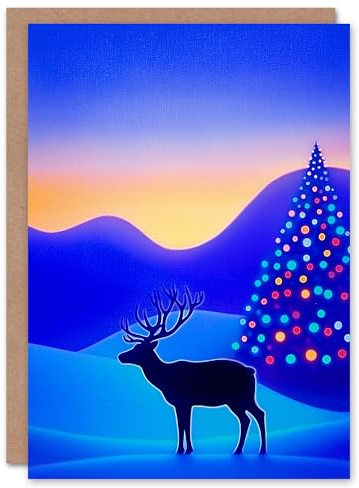 Wee Blue Coo Greeting Card Colourful Lights Tree Reindeer Winter Wonderland Blank For Him Or Her Art Xmas Christmas Card