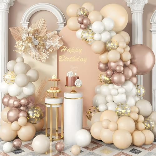 Luftballon Girlande Beige Champagne Gold, Ballonbogen 108 Stück Helium Ballon Sand Weiße with Gold Konfetti Ballons, Boho Dekorationen für Geburtstags Mädchen Frauen, Hochzeit, Babyparty, Engagement