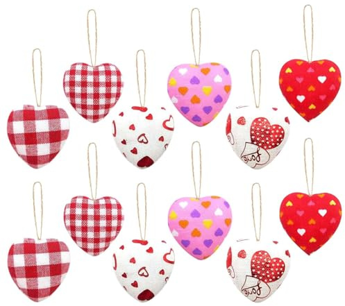 12Pcs Valentines Day Heart Baubles, Valentine's Day Love Heart Ornaments for Wedding Anniversary Romantic Party Supplies, Home Decorations