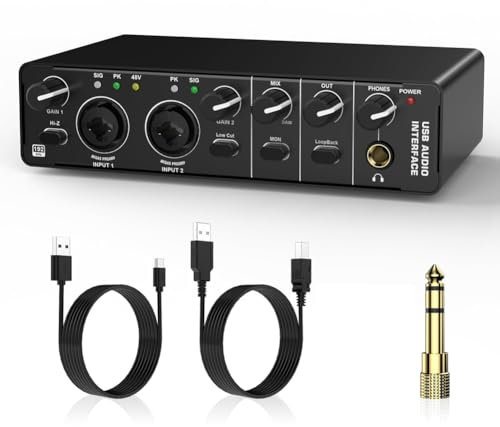 Qussedser USB Audio Interface, 2 in 2 Out Audio Interface with 48V Phantom Power for Recording,for Guitarist, Vocalist, Podcaster