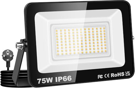 Willpower Foco LED Exterior Interior Proyector LED 75W 7,500LM Focos de Luz 3000K Blanco Cálido IP66 Luz de Inundación Iluminación para Garaje Patio Jardín Terraza Parque Trabajo, con Enchufe