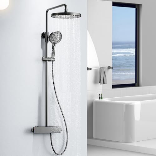 Colonne de Douche Thermostatique, Set Kit de Douche 3 Fonctions Ensemble Système de Douche Murale Colonne de Douche Laiton avec Mitigeur Cascade, Pommeau Douche, Tête de Douche Ronde (Gray)