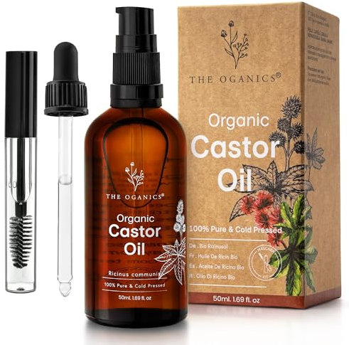 THE OGANICS® Castor Oil - Organic & Cold-Pressed – For Eyelashes, Eyebrows, Hair & Nails – Vegan, Cruelty-Free – Glass Bottle + Mascara Kit + Pump (Rizinusöl mit Mascara Kit, 50 ml (1er Pack))