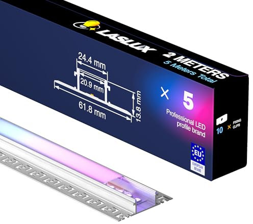 LASLUX LED Fliesenprofil 2m × 5 – Aluminium LED Kanalprofil 61,8×13,8mm – 20mm Innenbreite für Fliesenbeleuchtung
