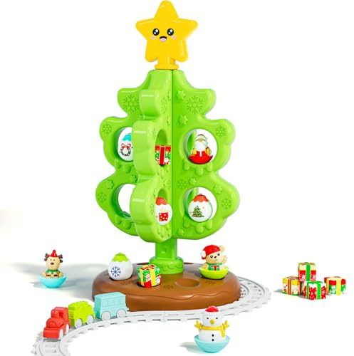 KIZJORYA My First Christmas Tree for Toddlers, Montessori Christmas Decoration Toy with Ornaments, Mini Train Set, Roly Poly Toys, Finger Puppets, Birthday Xmas Gifts for Little Kids Boys and Girls
