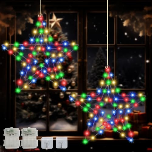 Celebration Directre 2PCS Christmas Window Star Lights, 75LED Large Star Xmas Window Decoration Lights Battery Operated with Timer Hanging Light Ornaments for Indoor Outdoor Party Decor (Multicolor)