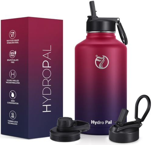 HydroPal 1.9L Edelstahl Isolierflasche,Trinkflasche mit Strohhalm 2 Deckel | BPA-frei, 24h kalt & 12h heiß Vakuumflasche, auslaufsicher Wasserflasche, Stroh- und Ausgussdeckel Sportflasche für Alltag