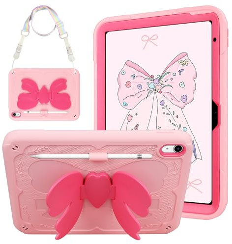 Coolden for iPad A16 Case 11th Generation Cases 2025 11 Inch for iPad 10th Generation Case for Kids Girls with Cute Butterfly Bow Stand Shoulder Strap Pencil Holder Rugged Protective Cover-Rose Pink