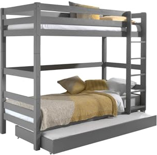 FURNLUX Pino Etagenbett, 90x200cm, Grau, Kiefernholz, Hochbett mit Leiter und Lattenrost, 106x210x182cm