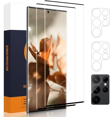 Carantee 2 pièces Verre Trempé pour Samsung Galaxy S22 Ultra 5G, +2 Caméra Arrière, Dureté 9H protection écran, sans bulles, 3D Couverture Totale, Grande clarté Samsung S22 Ultra vitre protection