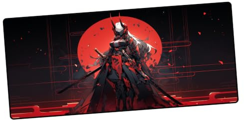 TRYNOVAS Tappetino Mouse Gaming XXL 90 x 40 cm, Samurai Demon Girl, Arte Anime Giapponese, Base Antiscivolo e Bordi Cuciti, 3 mm