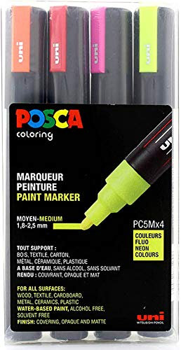 POSCA Marker Set PC 5M 4 Neon Farben Lack Acryl Kit Box
