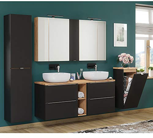 Lomadox Badmöbel Set anthrazit & Wotaneiche 250cm mit Wäscheschrank, inkl. 2 Keramik-Aufsatzbecken 2X Spiegelschrank LED seidenmatt