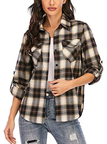 Enjoyoself Damen Karierte Bluse Langarm Karo Flanell Hemden Baumwolle Button-down Holzfäller Hemdbluse für Alltag und Oktoberfest