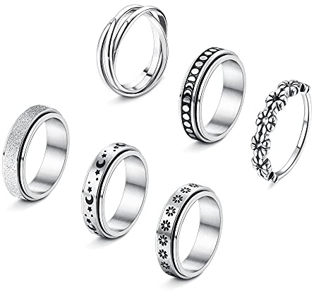 FUNRUN JEWELRY 6 Stück Edelstahl-Spinner-Ring für Damen und Herren, Fidget-Band-Ringe, Stressabbau, Mondstein-Ring, Gänseblümchen-Ring-Set 6–11, Metall, nicht bekannt