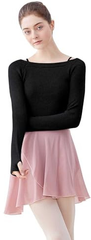 Daydance Langarm-Tanzpullover für Teenager, Mädchen, Damen, weicher Ballett, Aufwärmpullover für Turnanzug, Schwarz-Boot-Ausschnitt, Groß