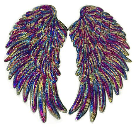 Anawakia Aufnäher Bügelbild Aufbügler Bügeleisen auf Patches Pailletten Stickerei Applikation Engel Flügel Muster für T-Shirt Jeans Kleidung Taschen 1 Paar (Bunt a,S 26 * 13cm)