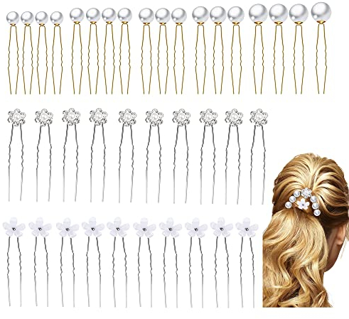 38 Stück Hochzeit Haarnadeln, Brautschmuck Haarnadeln, Perlen und Blumen Haarnadel, U-förmig Haarnadel Strass, Haarspangen Frauen Mädchen, Haarschmuck für Brautfrisur und Brautjungfernfrisur