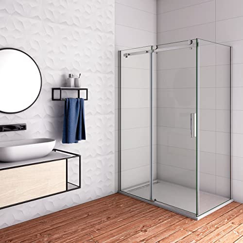195 cm Box Doccia Angolare Porta Scorrevole 150 cm con Parete Fissa 80 cm in Vetro da 6 mm Temperato Trasparente Cromo Lucido
