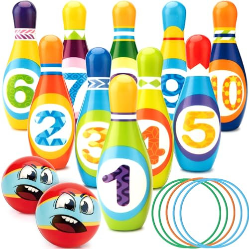 Frasheng Kegelspiel für Kinder, Indoor Outdoor Garten Spielzeug Dosenwerfen Kinder Bowling Ball Set mit 10 Kegel, 2 Bälle und 5 Aderendhülsen Geschenke Montessori Spiele ab 3-12 Jahren Junge Mädchen