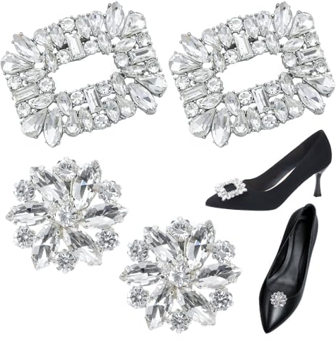 Sctmda Hochzeit Schuhclips 2 Paar Damen Kristall Schuhclips Schuhschnalle Metall Strass Schuh Clips Kristall Schnalle Hochzeitsschuhe für Fraue Silber