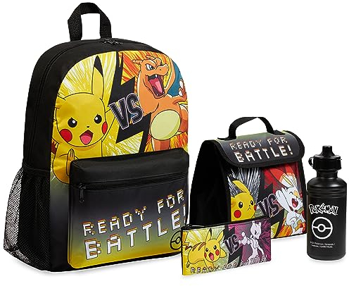 Pokemon Backpack Set 4 Pcs Water Bottle Backpack Pencil Case Insulated Lunch Bag or Wallet Anime School Supplies Travel (Black/Yellow 4 Pcs Set)