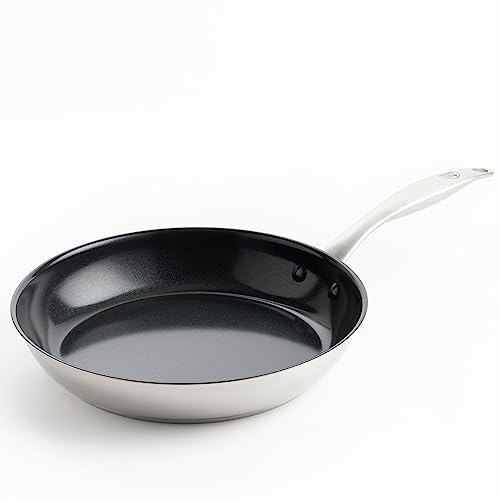 GreenChef Profile Plus Poêle à Frire en Céramique Antiadhésive Saine en Acier Inoxydable de 30 cm, Sans PFAS, Convient à l'induction, Robuste, Va au four jusqu'à 200˚C, Argent & Intérieur Noir