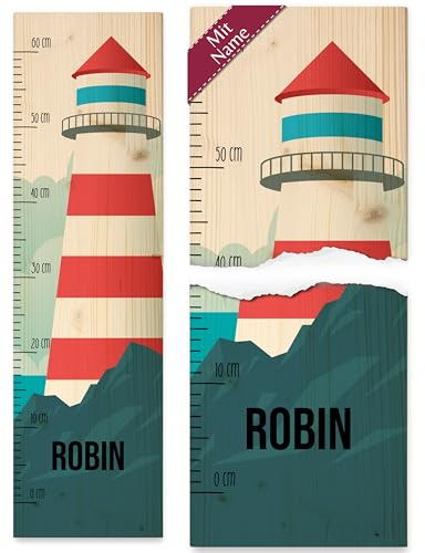 Messlatte Kinder - Meer - Leuchtturm mit Name Seezeichen Maritime Küstenmotiv - 0-60 cm - Holz