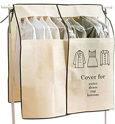 2PCS Copriabiti Antipolvere per Armadio 90 x 110 cm Copertura Protettiva per Stand Appendiabiti in Tessuto Traspirante Copri Stender Vestiti con Finestra Trasparente Visibile (beige)