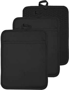 VEIKERY Silicone Pot Holders 7x9inch with Pockets Heat Resistant Water Resistant Oven Hot Pads for Kitchen Set of 3 (Black, 3)