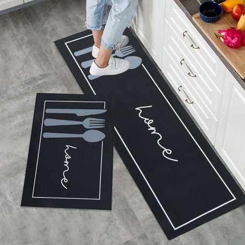 HomKuch Juego de alfombras de Cocina Antideslizantes, 2 Almohadillas Verticales Suaves y alfombras Negro 40x60+40x120cm