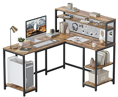 CubiCubi Schreibtisch L Form 150x120cm, Eckschreibtisch mit Regal und Drahtgeflecht, Computertisch für Homeoffice und Gaming, Vintagebraun