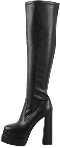 VERISSON Damen Plateau Stiefel Blockabsatz Langschaft Kniehohe High Heels Stretch Boots Zipper Glattoptik Schwarz 38 EU