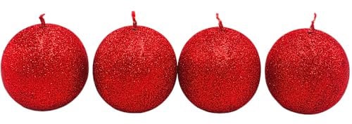 Dekohelden24 Hochwertige Handgemachte Glitterkerze, Dekokerze, Glitzerkerze, Tischkerze als Kugel - Kugelkerze im 4er Set in adventsrot, Lieferumfang 4 Kerzen, Größe L/B/H: ca. 6 x 6 x 6 cm.
