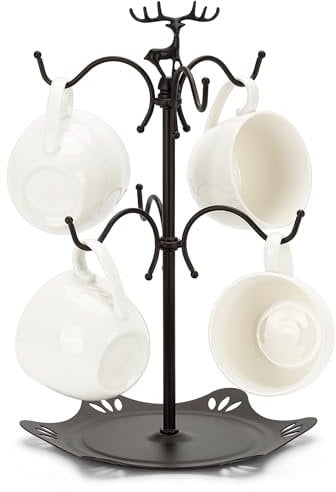 SUNNEKO Mug Tree for 6 Cups, Coffee Mug Tree for Counter Top with 6 Hooks, Tea Cup Holder Stand Hanger, Coffee & Tea Bar Accessories, Kitchen Organizer, Deer Shape Top, Black
