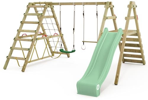 WICKEY Kinderschaukel Schaukelgestell Smart Shake mit Rutsche und Kletteranbau, Schaukel, Schaukelgerüst, Doppelschaukel, Holzschaukel für den Garten (pastellgrün)