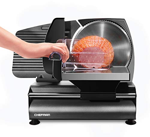 Chefman Die-Cast Electric Deli/Food Slicer, Precisely Cuts Meat, Cheese, Bread, Fruit & Veggies, Adjustable Thickness Dial, Removable 7.5” Serrated Stainless Steel Blade, Non-Slip Feet, Compact, Black
