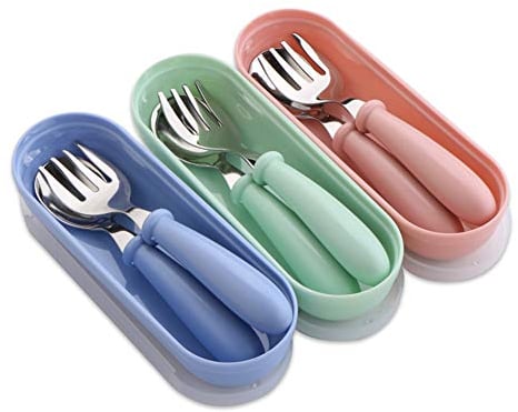 Baby Fork and Spoon 3 Set,Toddler Utensils Spoons Forks Tableware Set with Travel Safe Carry Case for Kids Self Feeding, Baby Utensils Self Feeding Learning Spoons Silverware Set for Kitchen Home Use