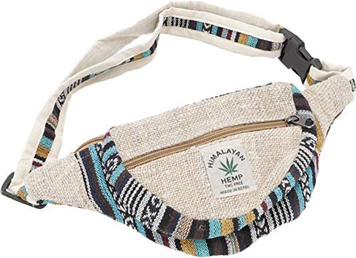 GURU SHOP Praktische Hanf Gürteltasche, Ethno Bauchtasche, Sidebag - Beige/dunkelblau, Unisex - Erwachsene, Baumwolle, 15x20x8 cm
