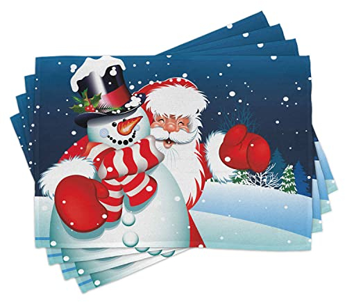 ABAKUHAUS Weihnachten Platzmatten, Sankt-Schneemann Hug, Waschbare Stoff Esszimmer Küche Tischdekorations Digitaldruck, Blau Weiß Rot
