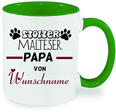Stolzer Malteser Papa von (Wunschname) Kaffeetasse mit Motiv, Tasse mit Druck, auch individuell mit Spruch, Foto, Wunschtext, Wunschname (Grün)