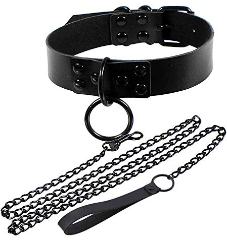 Jurxy Lederhalsband Halskette Kreis Damen Leder Choker Metall Ring Halsband Gotik Punk Rock Lederband Einstellbar Kragen mit Zugkette – Schwarz