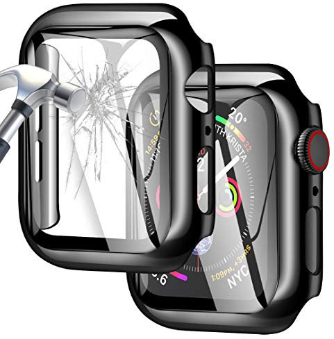 Falandi - Pellicola protettiva per Apple Watch Series 5 da 44 mm, in vetro temperato HD, integrata con struttura in metallo lucido placcato in policarbonato, per Apple Watch Series 5/4, colore: nero
