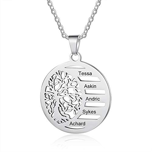 Collier Personnalisé Arbre de Vie Femmes Pendentif avec Prenom Gravé Collier avec 2-9 Pierre de Naissance Mère Fille Collier Famille Bijoux pour Anniversaire de la Fête des Mères (5 namen)