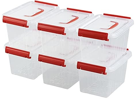 Waikhomes Set of 6 Plastic Storage Box, Small Storage Boxes with Lids/Handles, 6 L, Clear