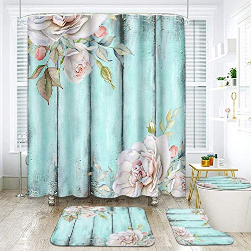 ArtSocket Duschvorhang-Set, Vintage, Türkis, Holz, Weiß, Rose, Blumen, Wasserfarben, Blau, Retro, mit rutschfesten Teppichen, WC-Deckelbezug und Badematte, Badezimmer-Dekor-Set, 182,9 x cm, 4-teilig