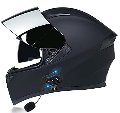 Casco de moto integral para adultos, casco de moto Bluetooth con visera doble antivaho, casco de moto con auricular Bluetooth integrado, certificación ECE A,XL