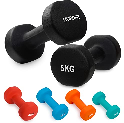 Neoprene Coated Dumbbells for Home Exercise, Pilates, Gym, Cardio, Dumbbell Weights Set in 1-5kg Pairs by Nordfit