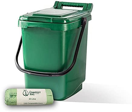 23 L Green Kerbside Recycling Caddy, Lockable Lid and Carry Handle, Indoor and Outdoor Kitchen Waste Bin for Food Waste and Household Recycling, Everyday Use - Includes 25 Pack Bin Liners