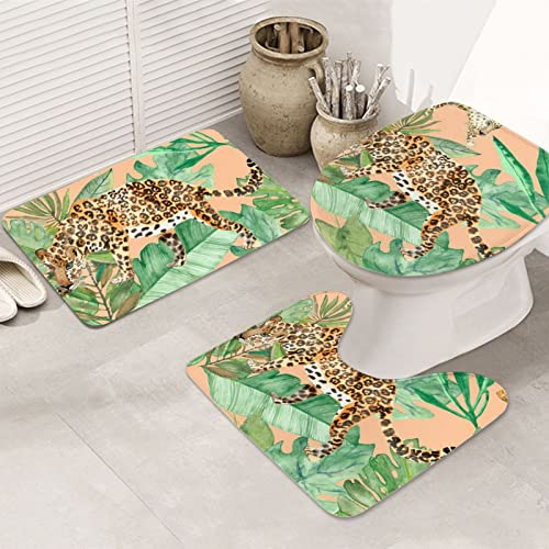 Leopard und Palmblätter Gedruckt 3 Stück Badezimmer Teppich Set Flanell rutschfeste Badematte Absorbent Badezimmer Teppiche Kontur Toilettendeckel Abdeckung Teppiche